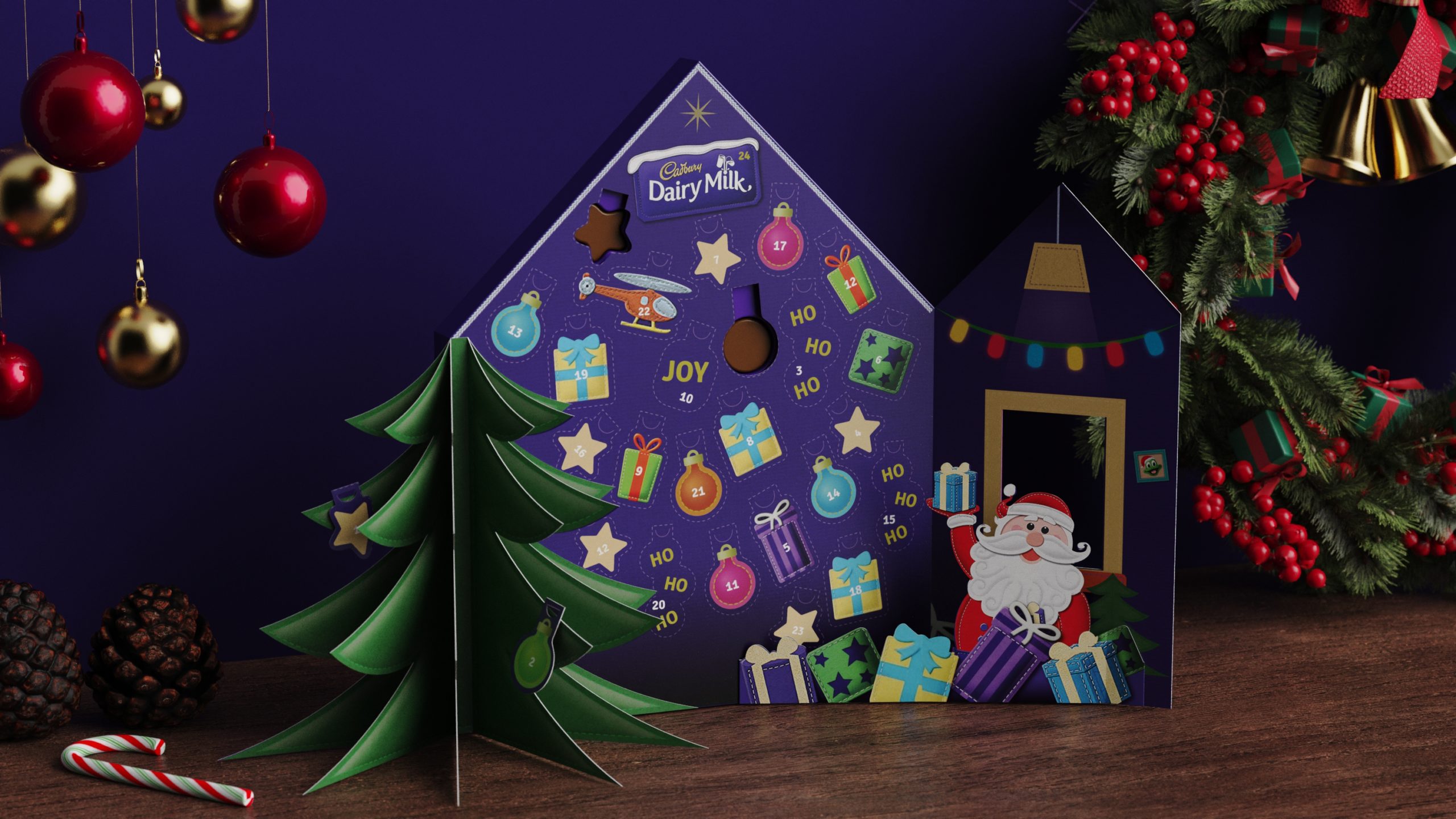 Cadbury Christmas house advent calendar cardboard pop-up packaging designed by UK based packaging design studio Equals Design