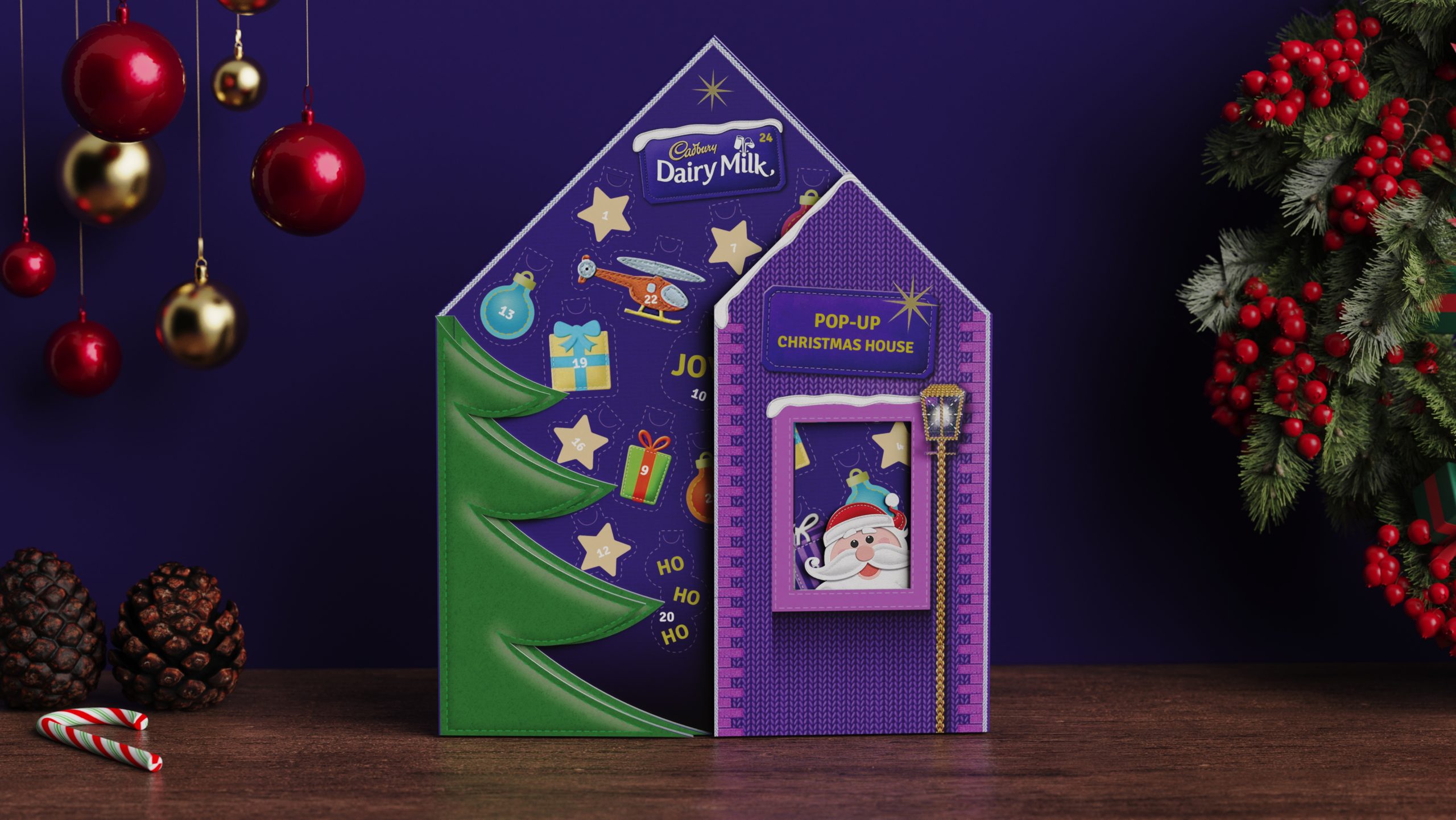 Cadbury Christmas house advent calendar cardboard pop-up packaging designed by UK based packaging design studio Equals Design