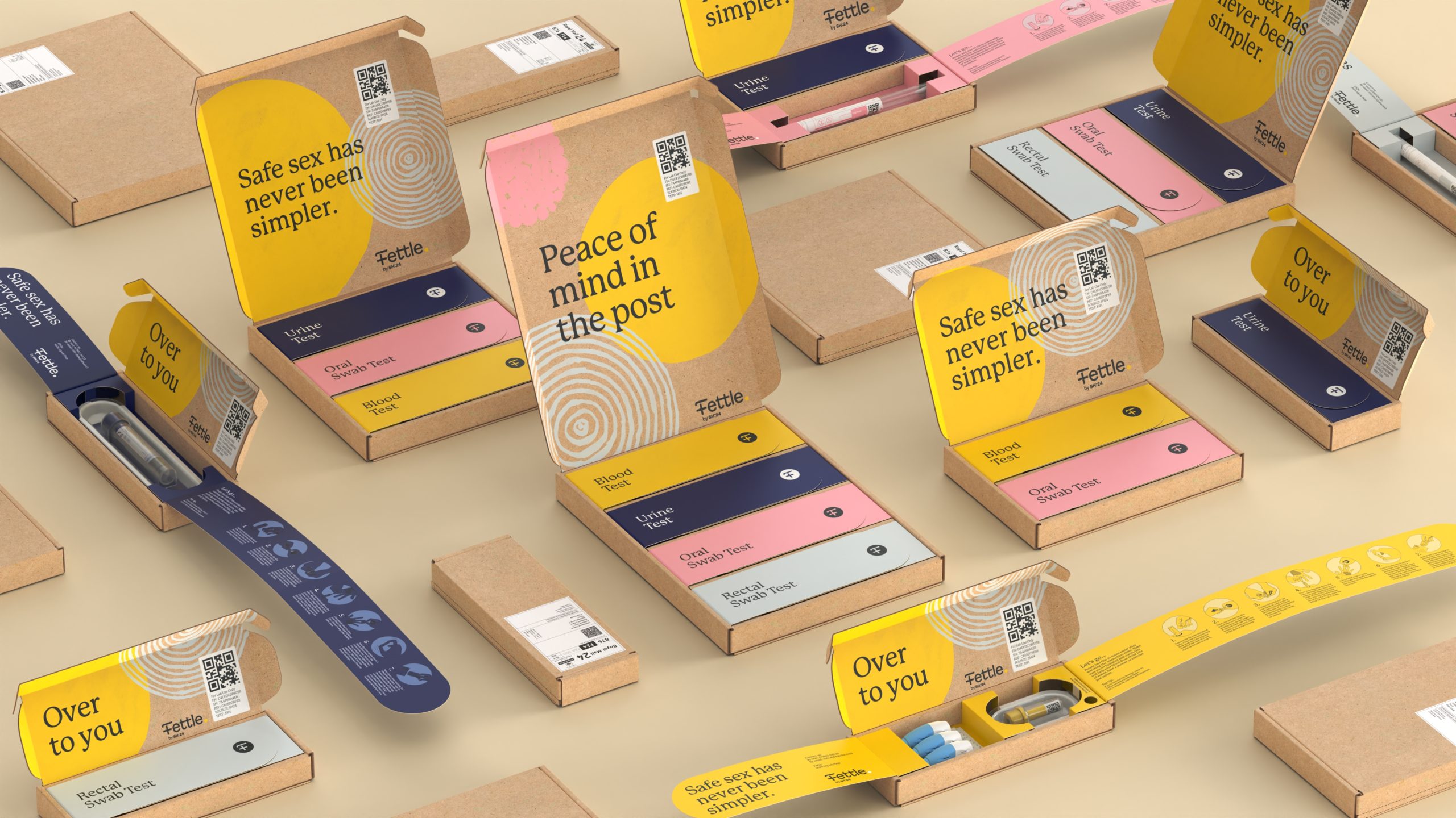 Fettle sexual health kit cardboard packaging designed by UK based packaging design studio Equals Design 