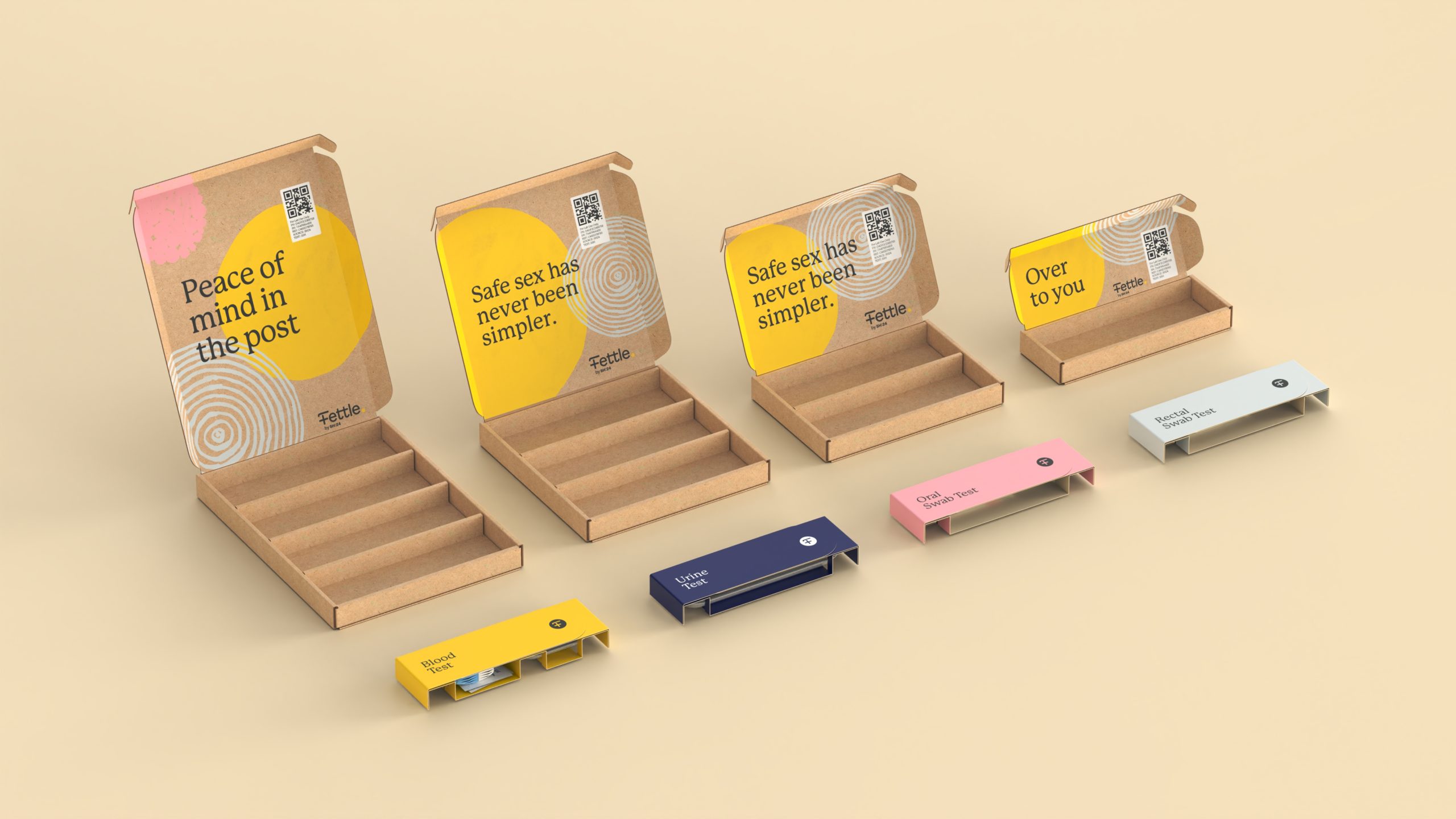 Fettle sexual health kit cardboard packaging designed by UK based packaging design studio Equals Design 