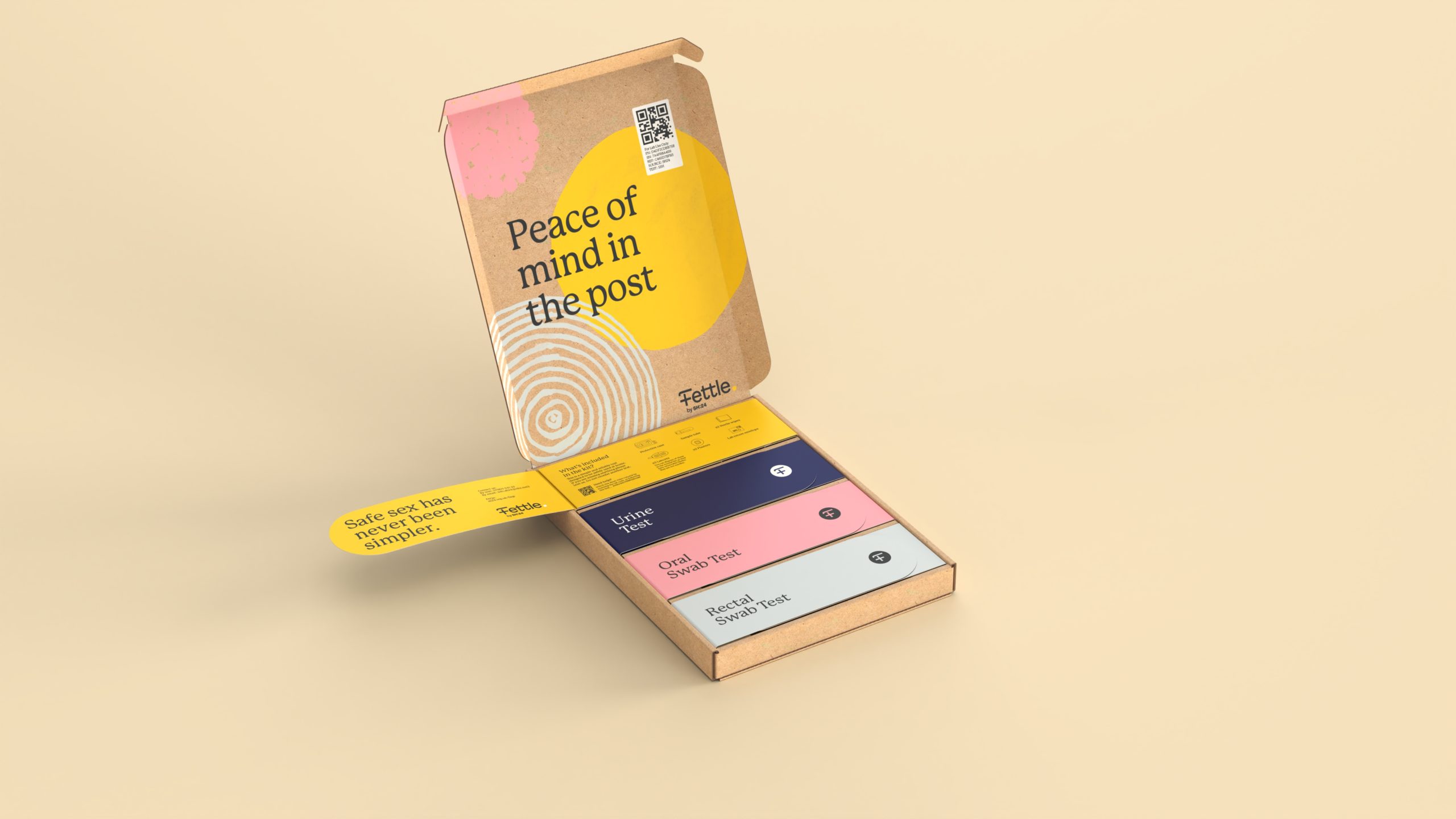 Fettle sexual health kit cardboard packaging designed by UK based packaging design studio Equals Design 