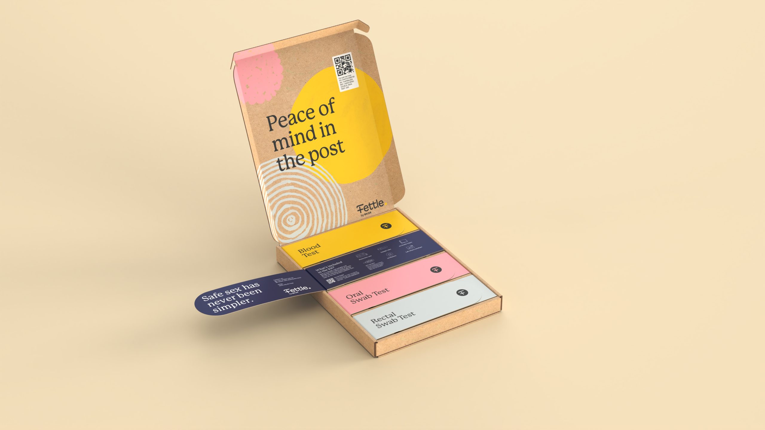 Fettle sexual health kit cardboard packaging designed by UK based packaging design studio Equals Design 