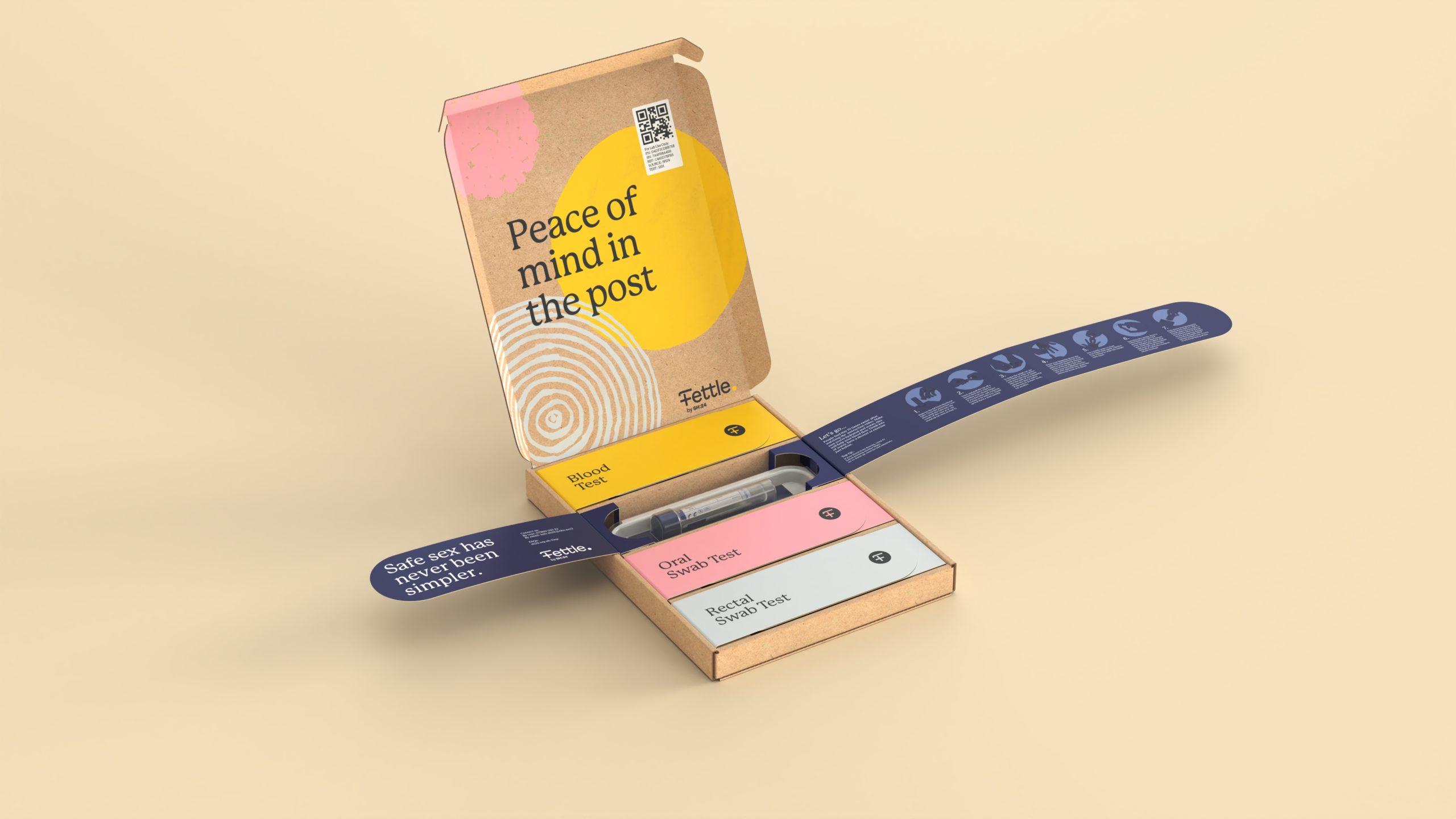 Fettle sexual health kit cardboard packaging designed by UK based packaging design studio Equals Design 