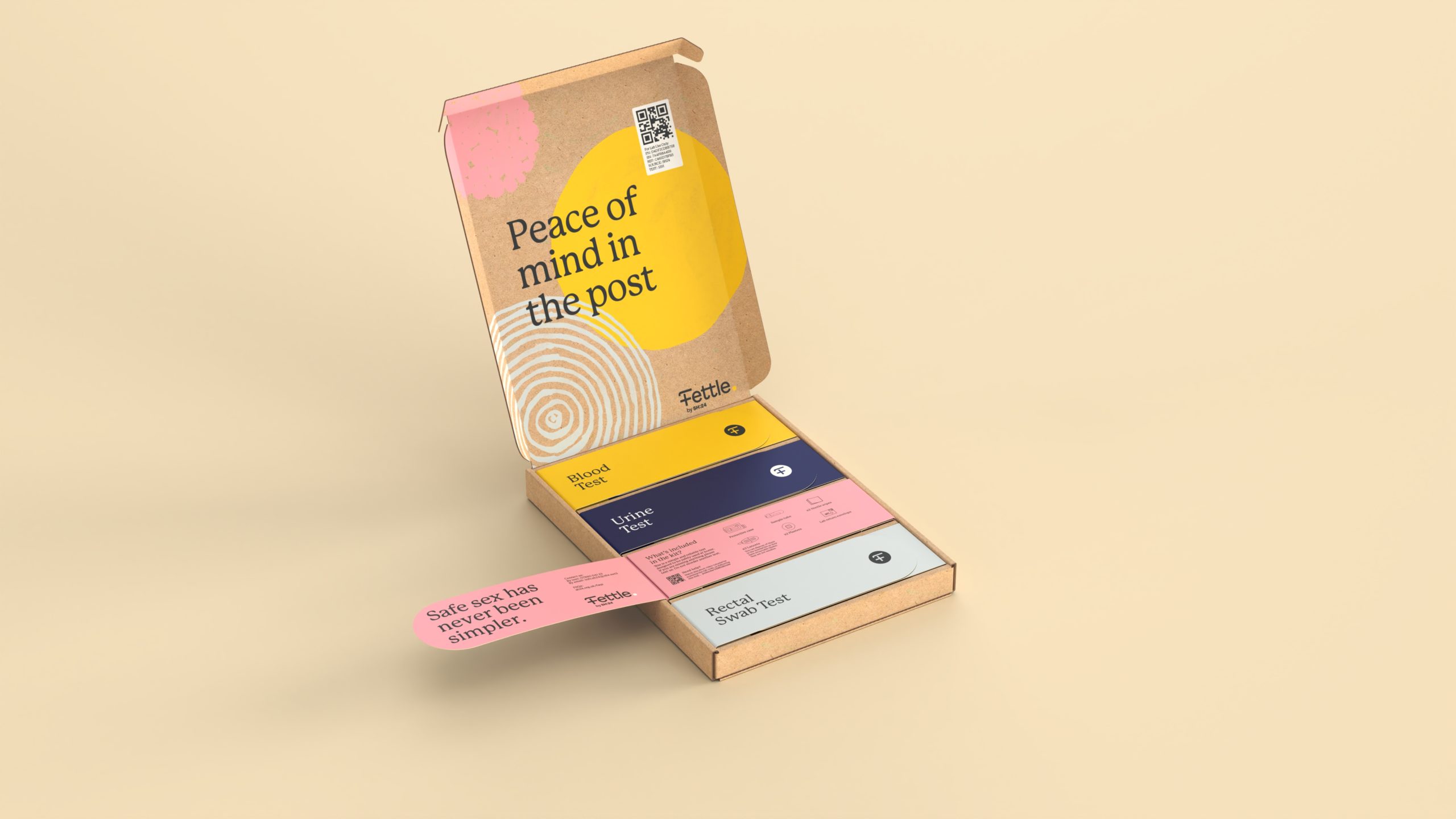 Fettle sexual health kit cardboard packaging designed by UK based packaging design studio Equals Design 