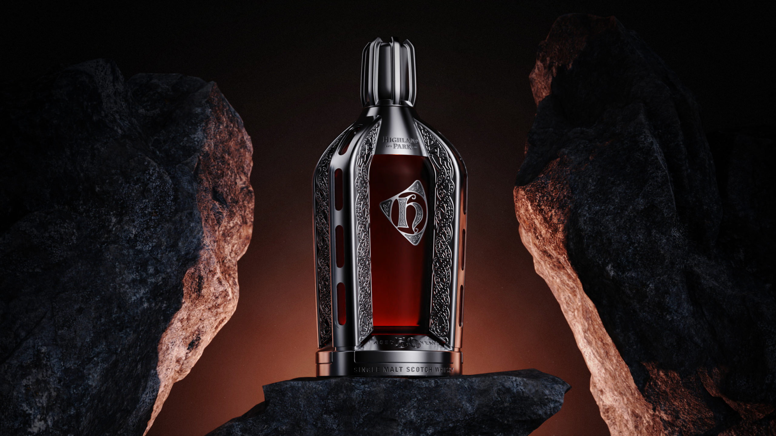 Highland Park 50 years old whisky bottle decanter special edition packaging in metal and glass with viking artwork designed by UK based packaging design studio Equals Design 