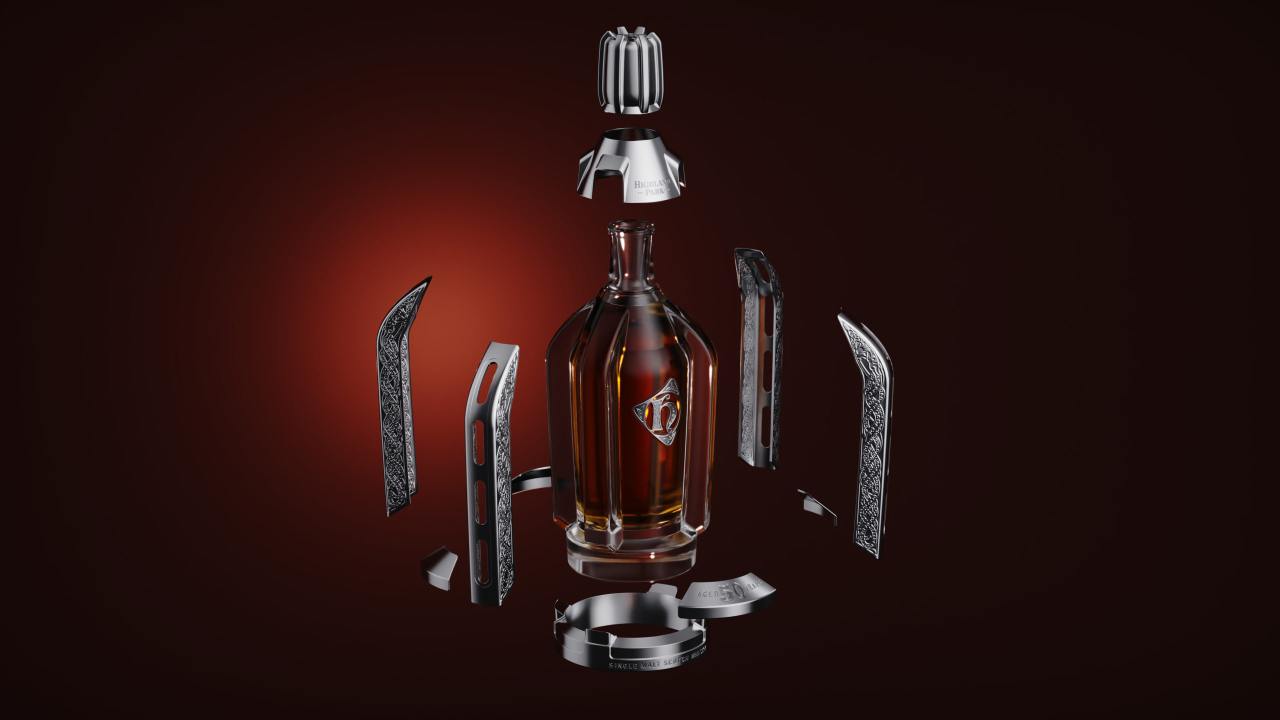 Exploded-view of Highland Park 50 years old whisky bottle decanter special edition packaging in metal and glass with viking artwork designed by UK based packaging design studio Equals Design 