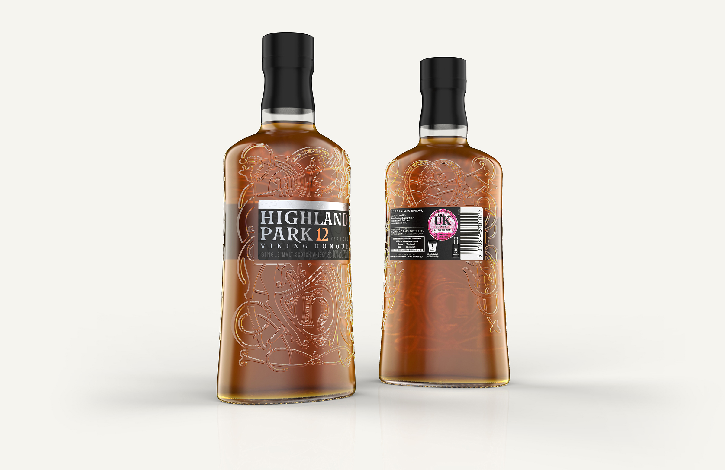 Highland Park whisky bottle packaging with Viking artwork embossed in the glass, designed by UK based packaging design studio Equals Design