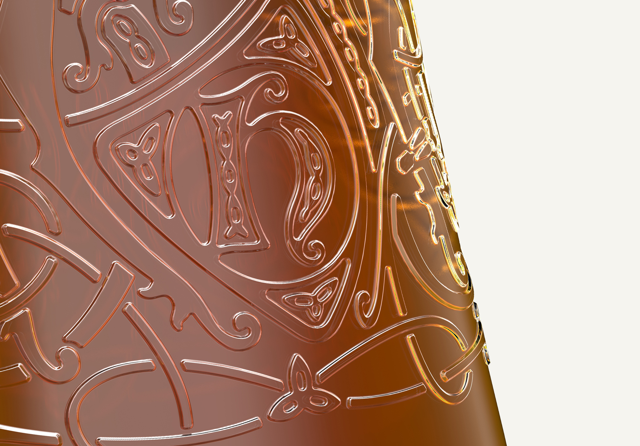 Detail of Highland Park whisky bottle packaging with Viking artwork embossed in the glass, designed by UK based packaging design studio Equals Design 