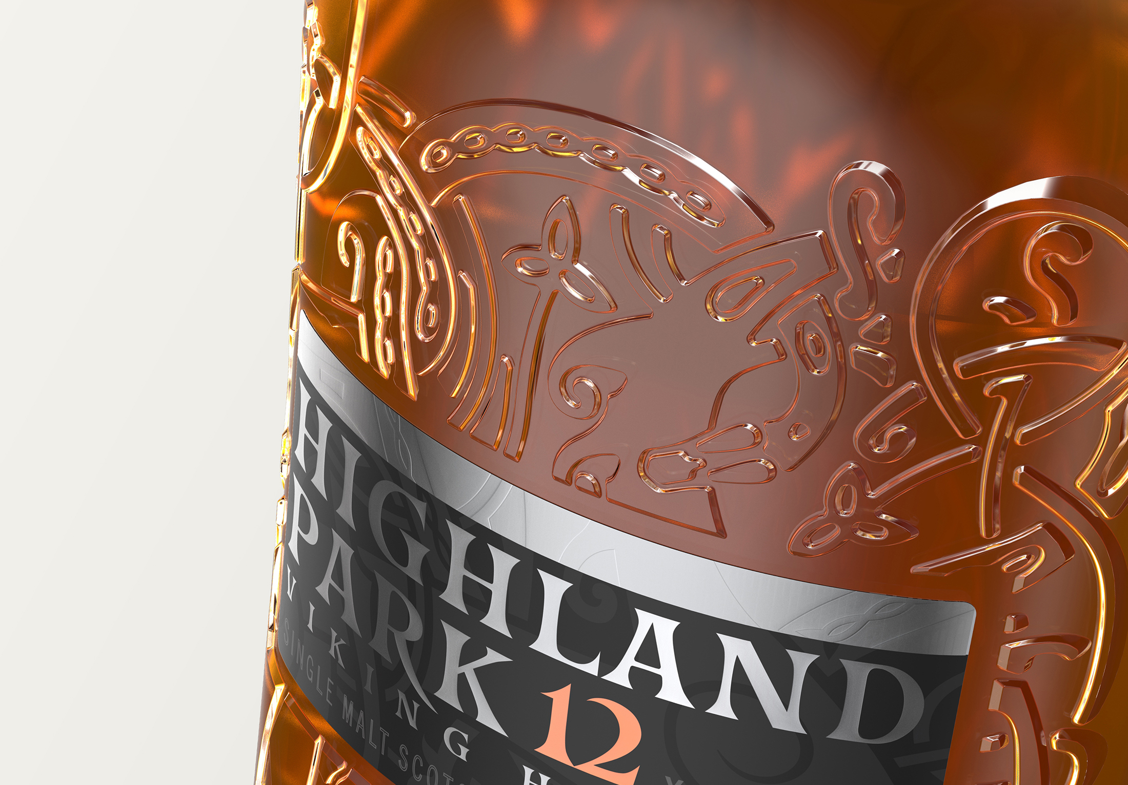 Detail of Highland Park whisky bottle packaging with Viking artwork embossed in the glass, designed by UK based packaging design studio Equals Design 