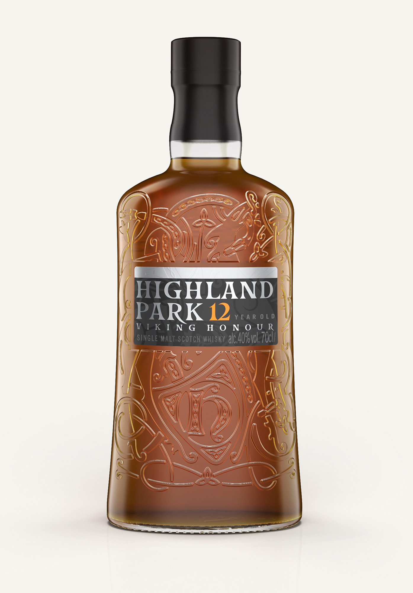 Highland Park whisky bottle packaging with Viking artwork embossed in the glass, designed by UK based packaging design studio Equals Design 