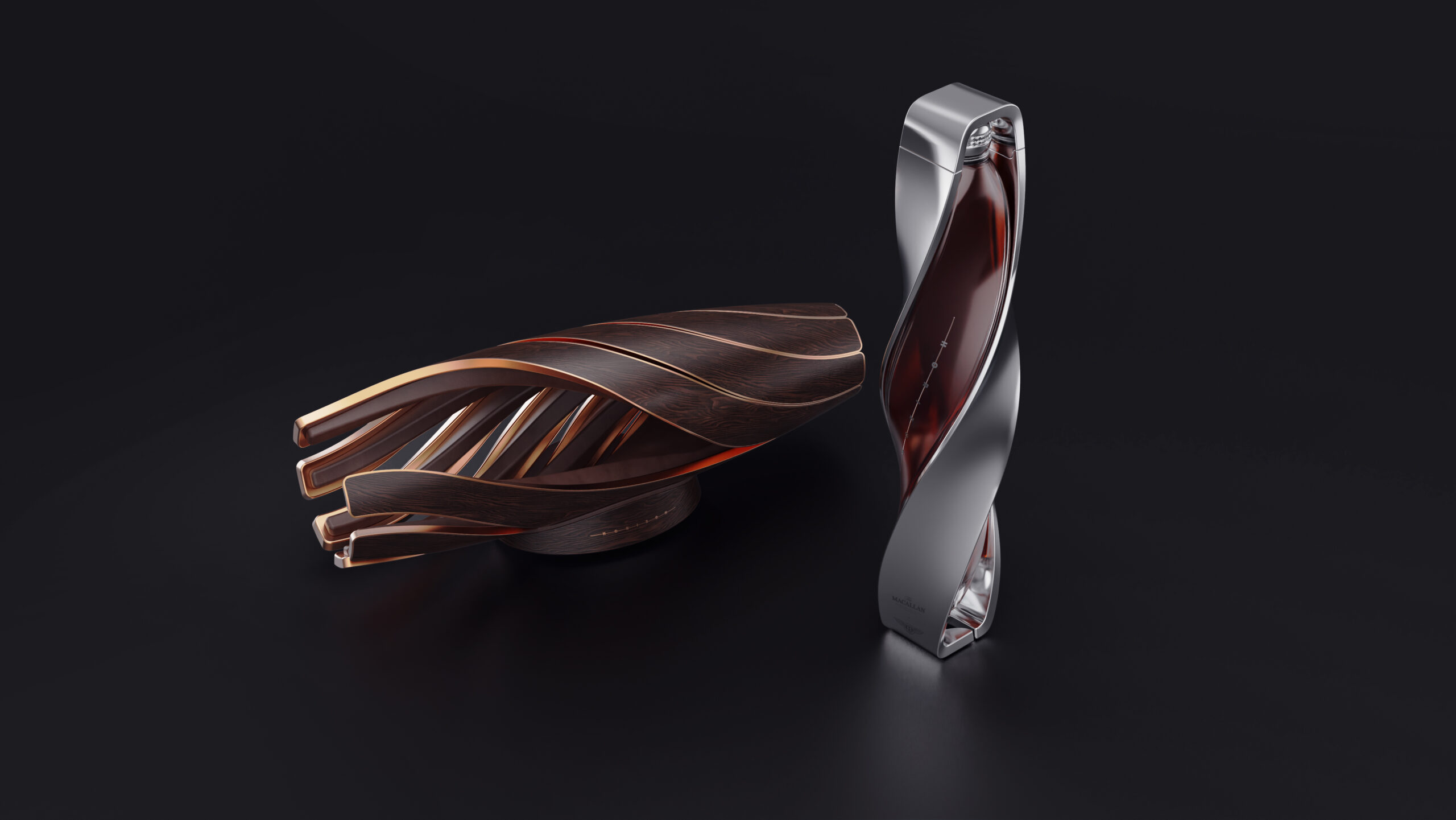 The Macallan and Bentley Motors Horizon twisting aluminium whisky bottle packaging and recycled oak, leather and copper twisting stand designed by UK based packaging design studio Equals Design