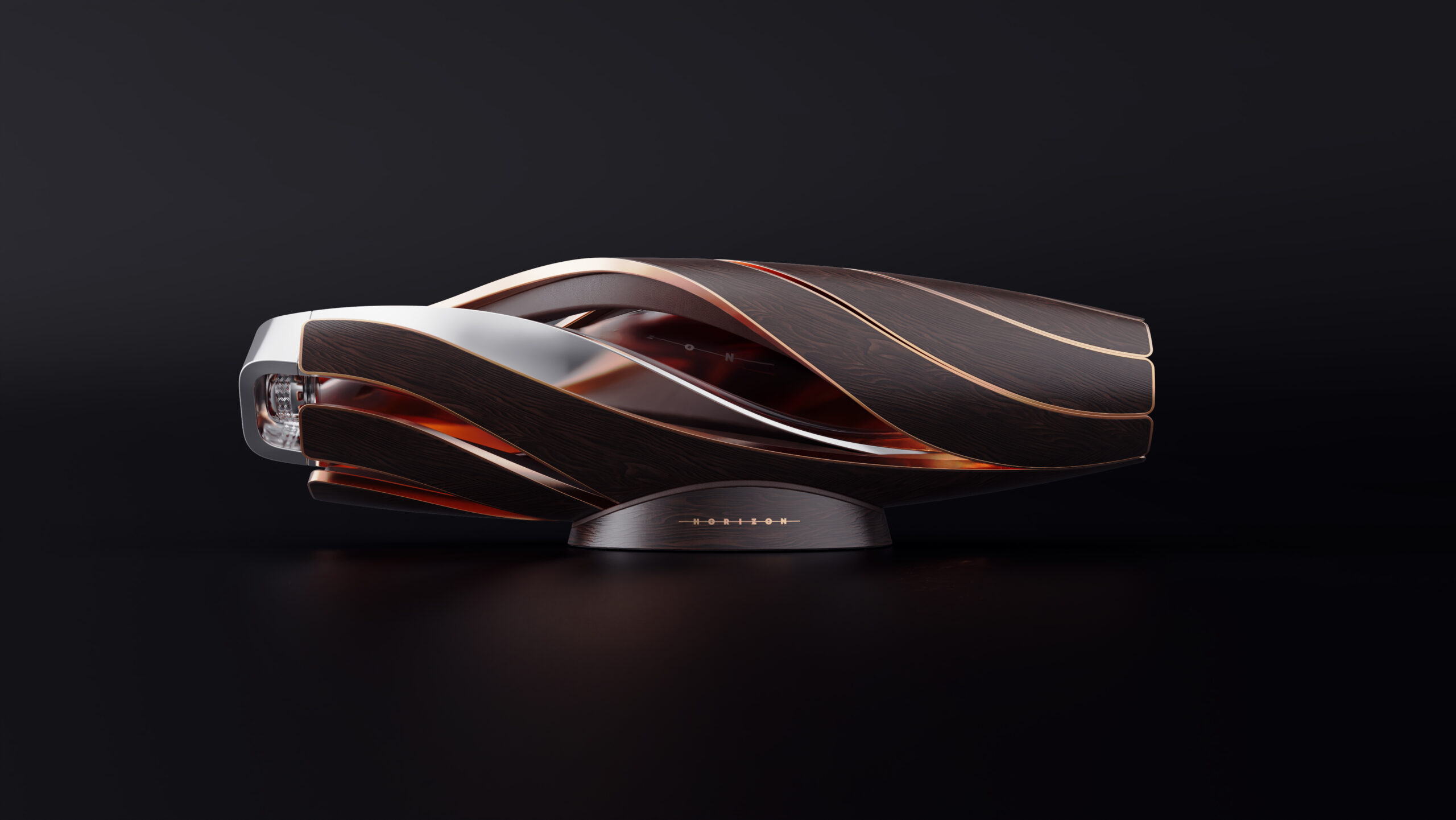 The Macallan and Bentley Motors Horizon twisting aluminium whisky bottle packaging and recycled oak, leather and copper twisting stand designed by UK based packaging design studio Equals Design