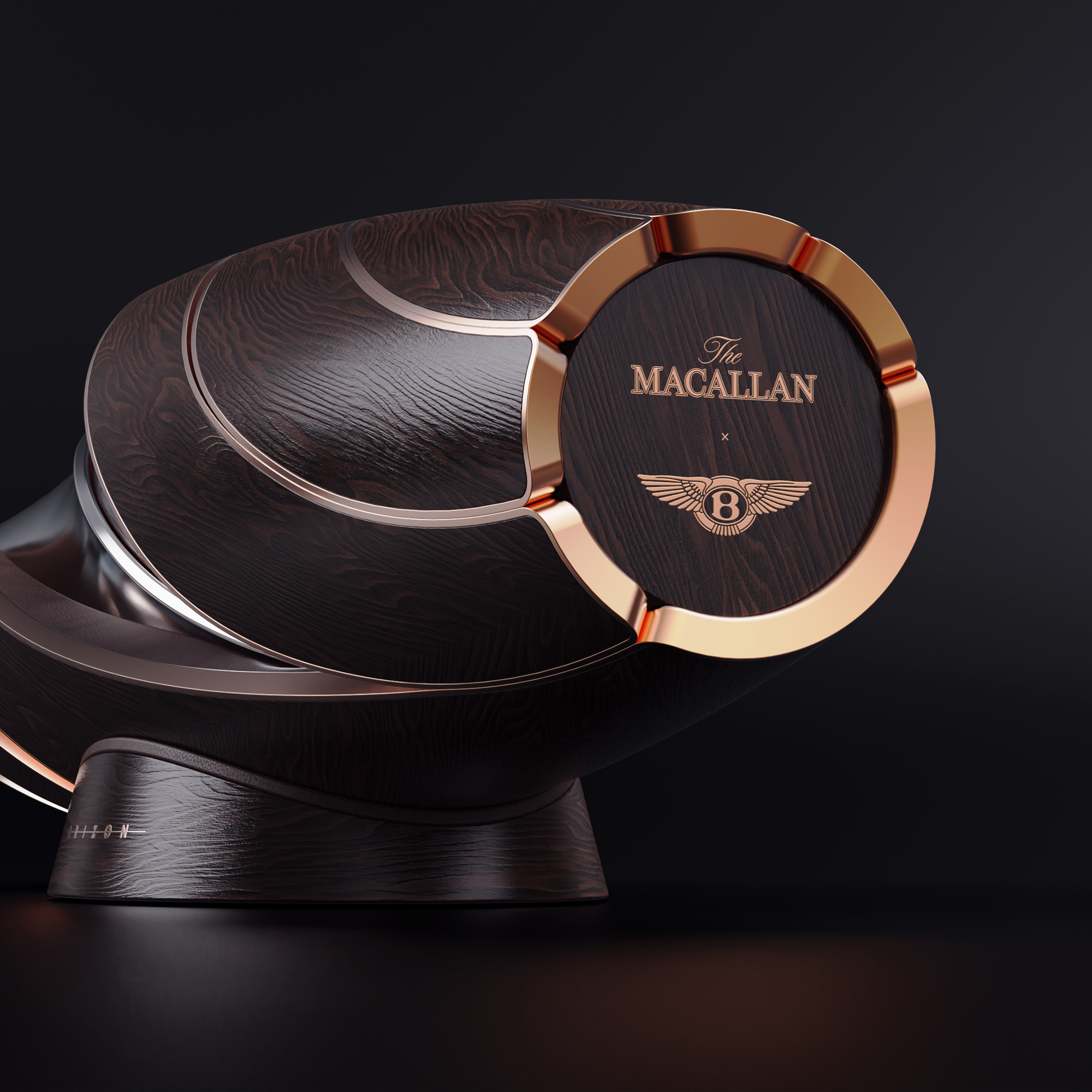 The Macallan and Bentley Motors Horizon twisting aluminium whisky bottle packaging and recycled oak, leather and copper twisting stand designed by UK based packaging design studio Equals Design