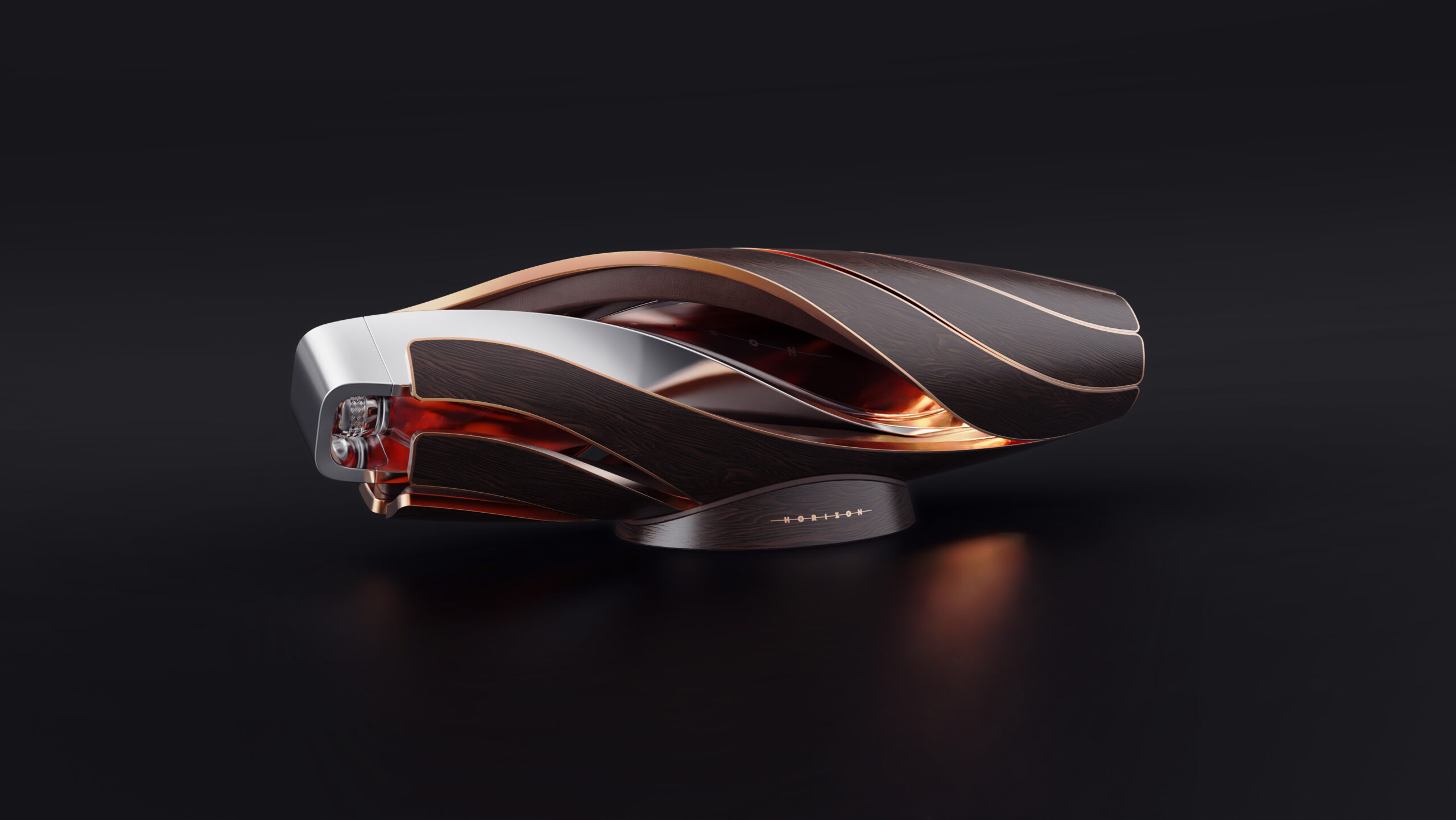 The Macallan and Bentley Motors Horizon twisting aluminium whisky bottle packaging and recycled oak, leather and copper twisting stand designed by UK based packaging design studio Equals Design